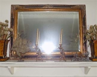 Gold Framed Mirror with Animal Statues, Metal Vases