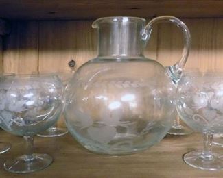 Antique Etched Pitcher and Goblets