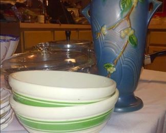 Pottery Mixing Bowls and Roseville Snowberry Vase