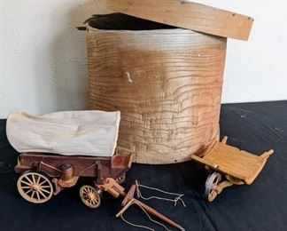 Antique HandCarved Covered Wagon With Wheel Barrow And Wooden Storage Container