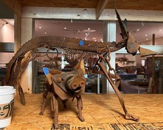 Jadis metal pig and fox sculpture 