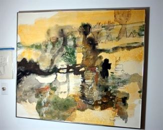 MCM Abstract Oil on Canvas By Glynn Jones “Barcelona 1976” Including Ink Drawing which was a Study for the Piece