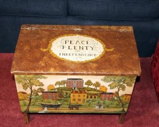 Painted Blanket Chest with Colonial Scene on Sides and “Peace, Plenty and Independence” on Top