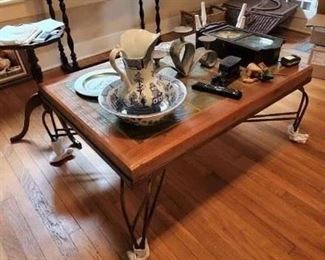 Wood tile and wrought iron coffee table