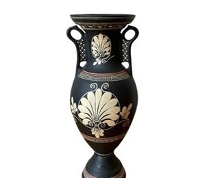 $100 - Large Hand Made Black Greek Vase A. Papacostadindy ES99-33                                                                  Fantastic Black and White Greek Vase with Two Handles, Hand Painted, Amphora shape. This stunning vase has two handles and is decorated with several leaf spray patterns and 3 Greek key rings. White on black with a touch of red earthen clay. In perfect vintage condition with no chips. On the bottom marked "made in Greece". This is a wonderful collector piece.

Width : 9
Height : 20

Local Pickup McLean, VA.  Contact us for shipper suggestions.