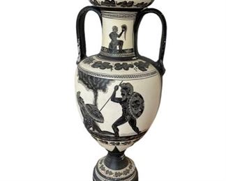 $75 - Large Hand Made Greek Vase ES99-30                           Large urn vase hand made in Greece. Fantastic black and white vase with a typical Greek warrior scene. Intricate carving and details make this a very unique and one of kind piece. Signed.

Condition: A few areas where the paint has chipped.

Width : 22
Height : 24.5

LOCAL PICK UP MCLEAN, VA. SHIPPING SUGGESTIONS AVAILABLE UPON REQUEST.