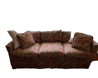 $200 - Floral Three Seater Couch with Nail head Trim and ES99-12                                                                                             Beautiful vintage modern tuxedo style three seater couch with floral fabric. It has an elegant tuxedo design, and has a skirt. Lovely condition, keeping in mind that this is vintage and not new so will have signs of use and wear.

Length : 86
Width : 32
Height : 28

Local Pickup McLean, VA.  Contact us for shipper suggestions.