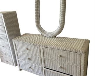 $150 - Vintage 1970s Boho White Wicker Racetrack Mirror and Chest MF95-5                                                                Description : Charming vintage 1970s racetrack wall mirror and chest of drawers made of wicker in a painted white finish. Perfect accessory piece for your boho and shabby chic decor.

 

Dimensions: 18 x 60 x 34H

Local Pick up McLean, VA.  Contact us for shipper suggestions.

Condition Desc. : Very Good Condition