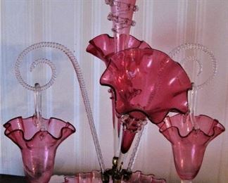 Antique Epergne 1880's Cranberry Glass W/ 3Trumpets & 2 Canes 2 Hanging Baskets Hand Blown Work of Art!