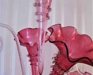 Antique Epergne 1880's Cranberry Glass W/ 3Trumpets & 2 Canes 2 Hanging Baskets Hand Blown Work of Art!