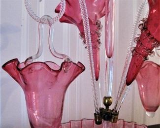 Antique Epergne 1880's Cranberry Glass W/ 3Trumpets & 2 Canes 2 Hanging Baskets Hand Blown Work of Art!