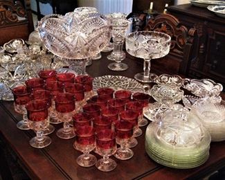 Cranberry Crystal Gasses and Crystal Pedestal Bowls