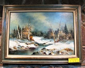 Signed Winter Birch Stream Oil on Canvas