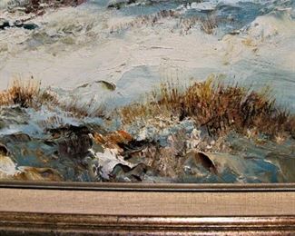 Signed Winter Birch Stream Oil on Canvas