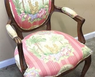 MID CENTURY ARM CHAIR, JAGUAR SCENE UPHOLSTRY