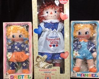 RAGGEDY ANN, HANSEL & GRETEL DOLLS