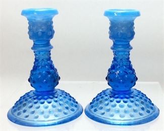 PAIR OF FENTON BLUE OPALESCENT HOBNAIL