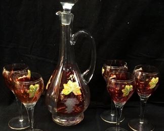 CRANBERRY STAINED & DECORATED WINE DECANTER AND GLASSES