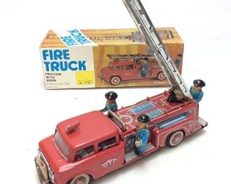VTG. TIN LITHO FRICTION TOY FIRE TRUCK w ORIGINAL BOX, WITH SIREN AND MOVING LADDER