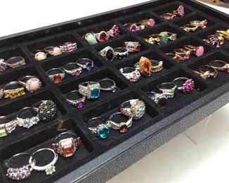 60 ASSORTED COSTUME JEWELRY RINGS, ASSORTED SIZES & ASSORTED COLORED STONES