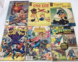 (6) VTG. COMIC BOOKS, SUPERMAN, DAFFY DUCK, SPIDERMAN, CAVE KIDS