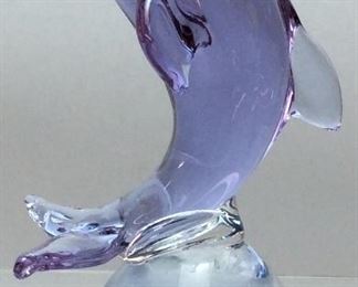 GLASS MULBERRY DOLPHIN FIGURINE, 7in H