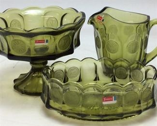 FOSTORIA GREEN COIN COMPOTE, BOWL & PITCHER