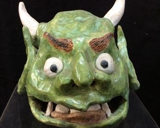 VTG. CLAY POTTERY GREEN DEVIL FACE 8''