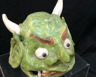 VTG. CLAY POTTERY GREEN DEVIL FACE 8''