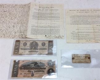 CIVIL WAR ERA CURRENCY & CORRESPONDANTS, PERSONAL LETTERS DATED 1864, 1867, 50c NC NOTE, $1 & $5 CONFEDERATE NOTES