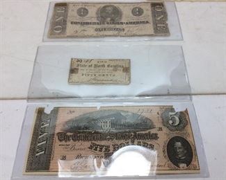 CIVIL WAR ERA CURRENCY & CORRESPONDANTS, PERSONAL LETTERS DATED 1864, 1867, 50c NC NOTE, $1 & $5 CONFEDERATE NOTES