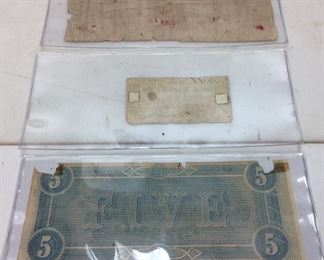 CIVIL WAR ERA CURRENCY & CORRESPONDANTS, PERSONAL LETTERS DATED 1864, 1867, 50c NC NOTE, $1 & $5 CONFEDERATE NOTES
