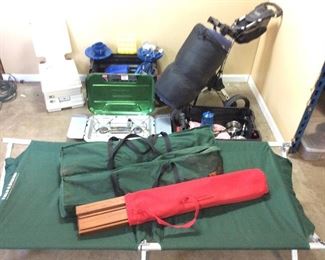 CAMPING GROUP, 2 COTS, COLEMAN GRILL, AIR MATTRESS ENAMELWARE POTS, PLATES, CART, PORTABLE TOILET