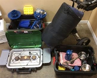 CAMPING GROUP, 2 COTS, COLEMAN GRILL, AIR MATTRESS ENAMELWARE POTS, PLATES, CART, PORTABLE TOILET