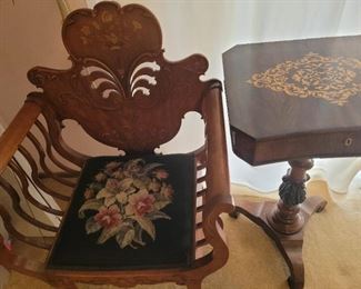 Carved Inlaid Chair. Inlaid table