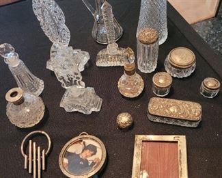 PERFUME BOTTLES, JARS WITH STERLING LIDS, STERLING  FRAMES, STERLNG PIN