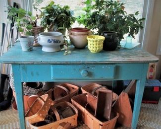 Vintage Painted Table...Baskets....Pottery...