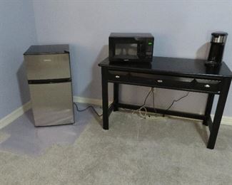 Mini refrigerator, microwave, desk