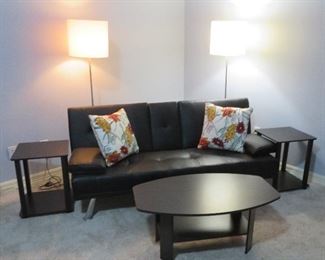 Futon, tables, lamps