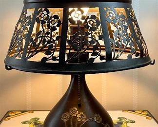 Heintz Art Metal Shop Lamp c. early 1900s,  with pierced rose 'doughnut capped' shade - please note that originally, there was mica behind the pierced metal - this can be replaced