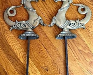 Pair of Neoclassical Brass Stylized Horse Andirons