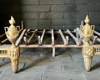 Antique Brass Double Flame Andirons & Fireplace Grate