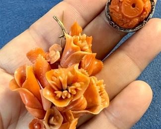 Antique 14K & Coral Pin                                                                               Coral Ring