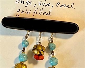 Late 19th C. Gold Filled Pin with Onyx, Silver & Coral