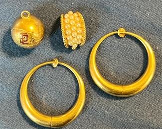 14K 1927 Championship Baseball Pendant (upper left)          14K Scarf Clip with Pearls (middle)                                                       14K Clip Hoop Earrings