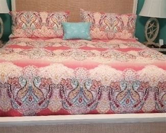 Beautiful king bedding. Table lamps & nightstands not for sale