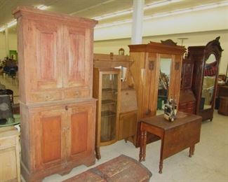 Primitive cupboard, oak secretary, and wardrobe. Dated 1800's immigrant trunk