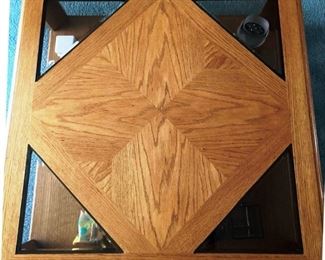 38" square coffee table features beveled glass inserts and perfectly matched woodgrain. Like new - $25.