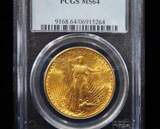 1915 S St Gaudens Double Eagle $20 Gold Coin, Certified By PCGS, Graded MS 64