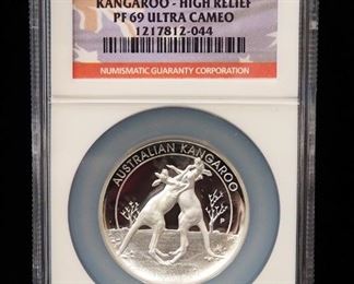 2010 P Australia Kangaroo High Relief $1 Silver Coin, 1 Ounce .999 Silver, Certified By NGC, Graded PF 69 Ultra Cameo, In Display Box, With COA